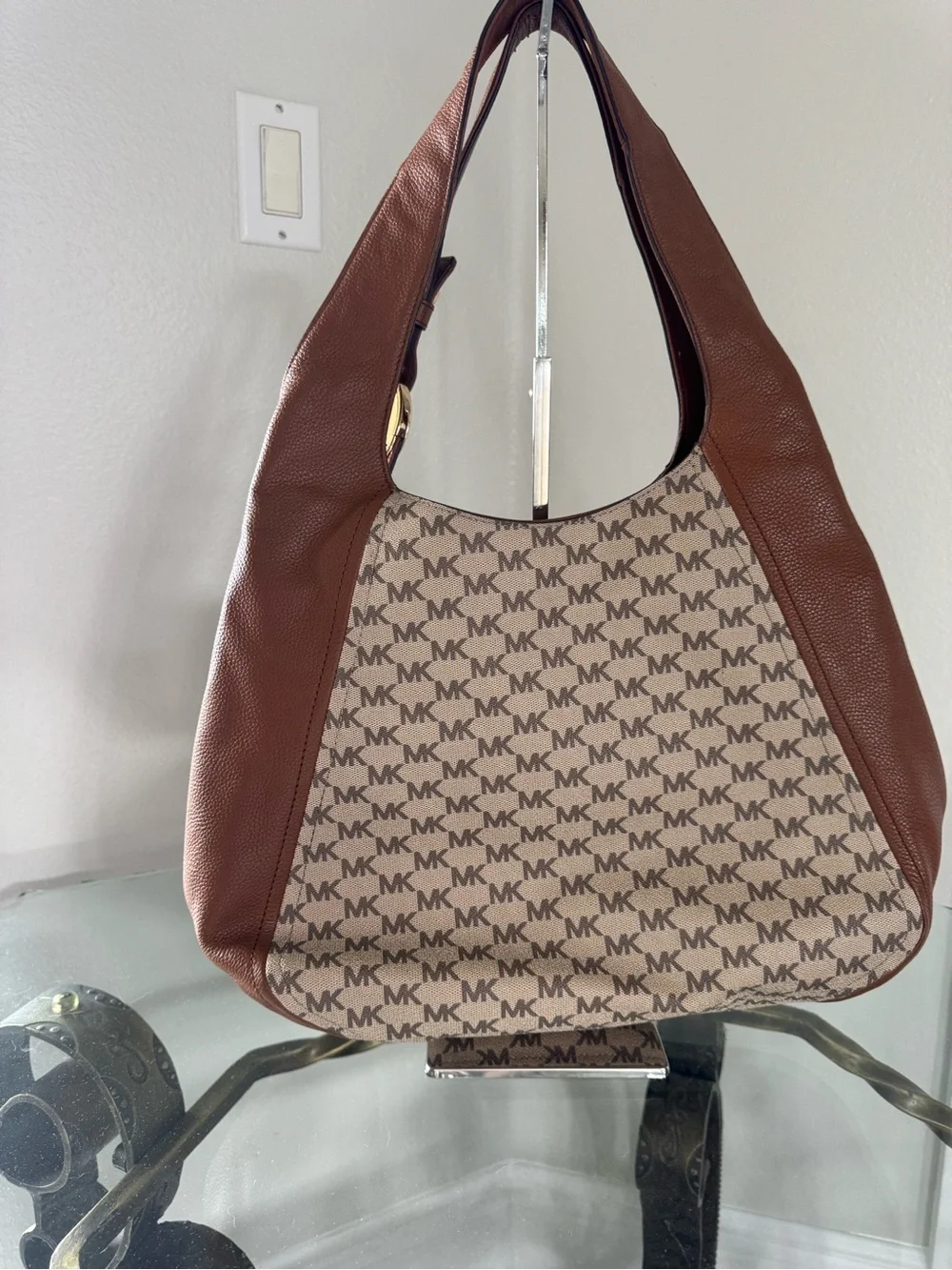 Michael Kos Fulton Brown Leather and Canvas Logo Hobo Bag Three Sections NWOT